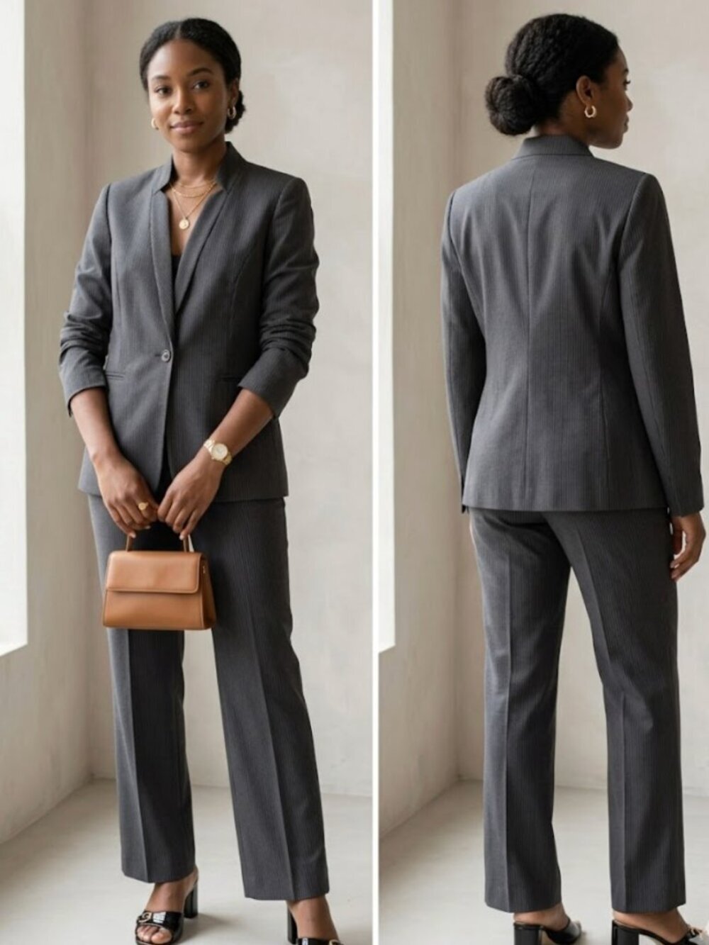 2/$100 Tahari Arthur S. Levine Gray Pinstripe Career 2-Piece Set Pantsuit SZ 10
